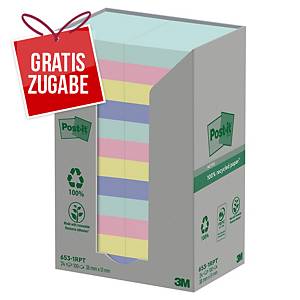 3M Post-it® 653 recycelte Haftnotizen, 51 x 38 mm, farbig, 24 Blöcke/100 Blatt