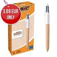 BIC 4 Colours Wood Retractable Ballpoint Pens Medium Assorted - Box of 12