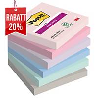 3M Post-it® 654 Super Sticky Haftnotizen, 76x76 mm, sanfte Farben, 6 Blöcke/90Bl